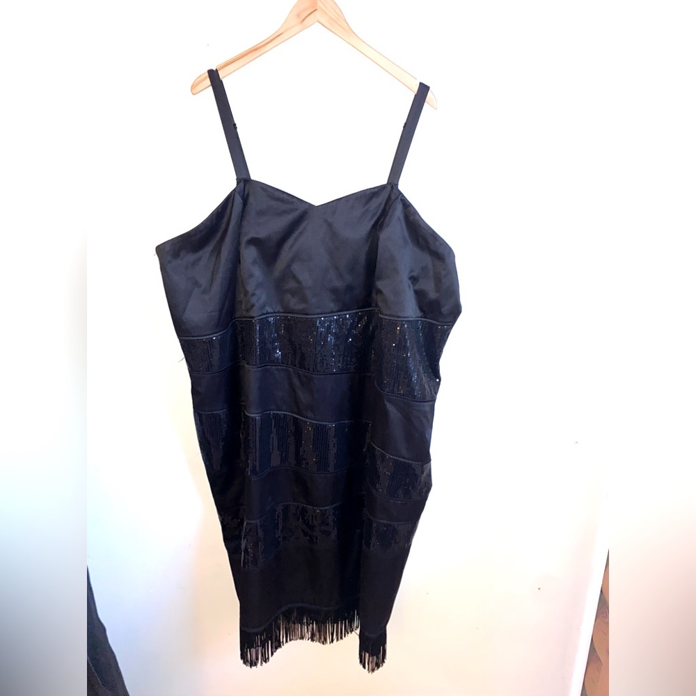 Black Satin Sequin Flapper Style Dress with Fringe